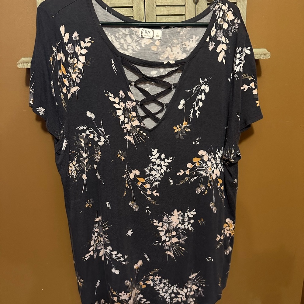 Maurices Black Floral Criss-Cross Blouse